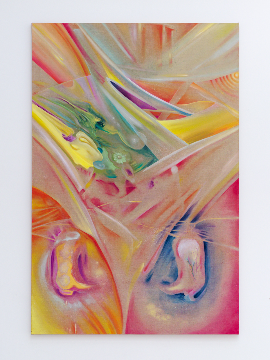 Jérémie Paul, Bigidi II, teinture textile et huile sur toile, 2025