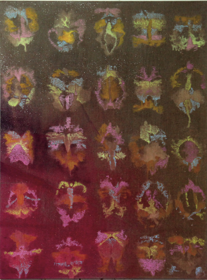 Jérémie Paul, L’Effet Papillon III, teinture sur toile, colle de peau, peinture à l’huile, 2025